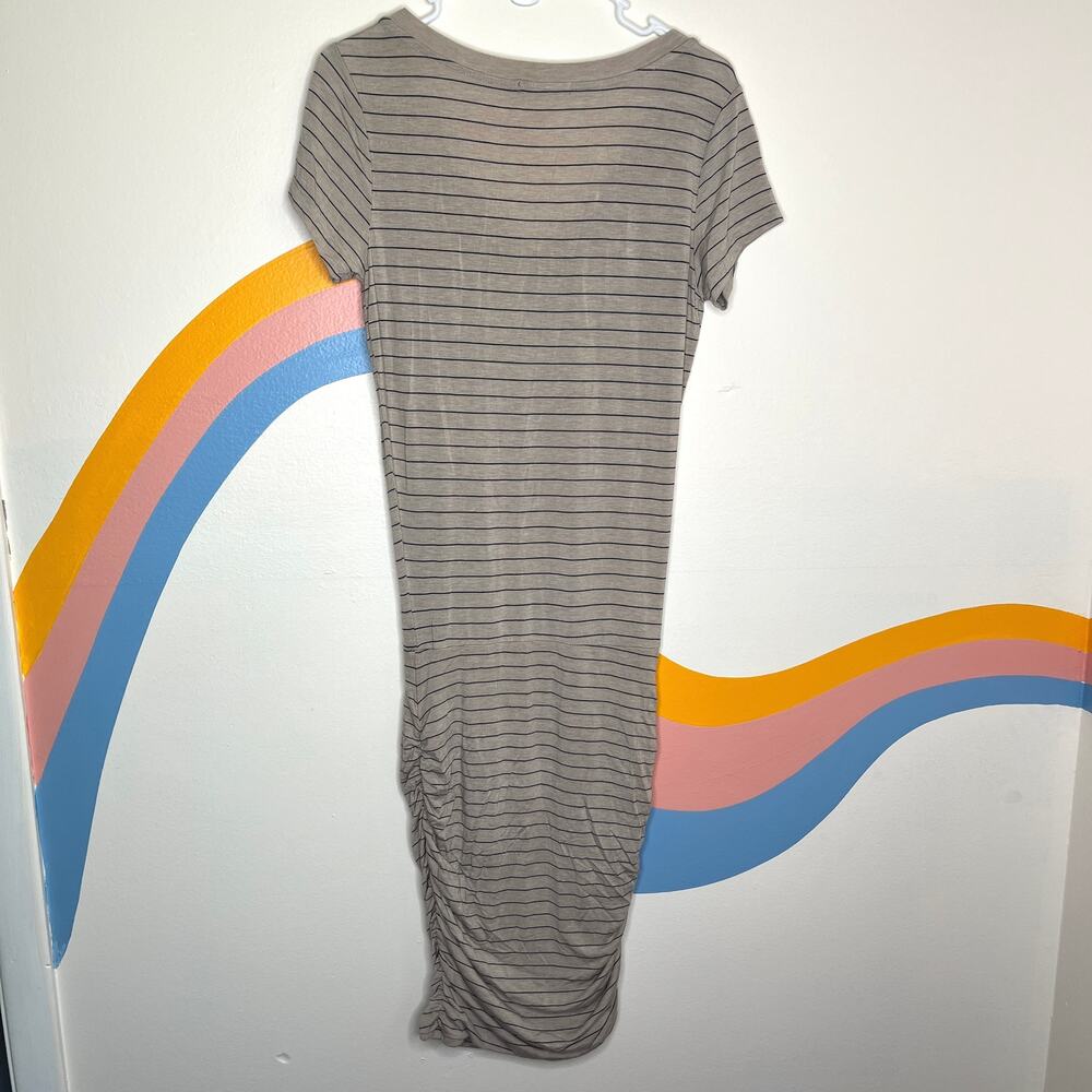 prAna Striped V Neck Midi T Shirt Dress Womens Size S Taupe Gray Ruched Stretch - Picture 3 of 7